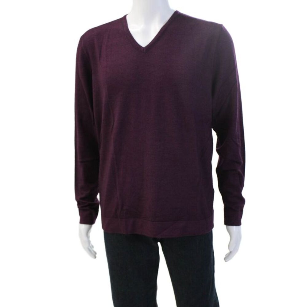 Raffi Mens Purple Merino Wool V-Neck Pullover Sweater Designer Size L